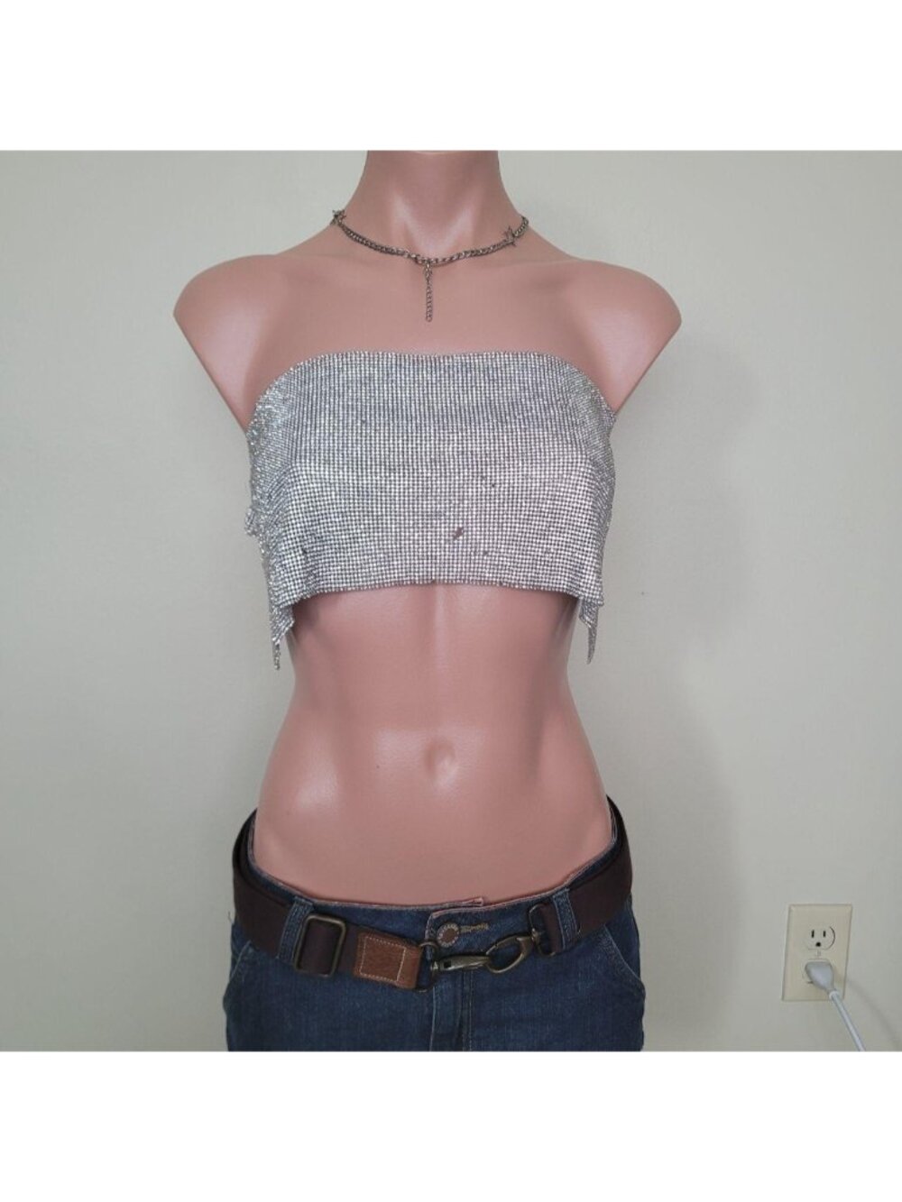 Klesis Y2K Rhinestone Aluminum Metal Mesh Sling Crop Top (S)